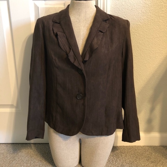 JM COLLECTION, brown blazer w/ ruffled lapel, 12P - Picture 1 of 6
